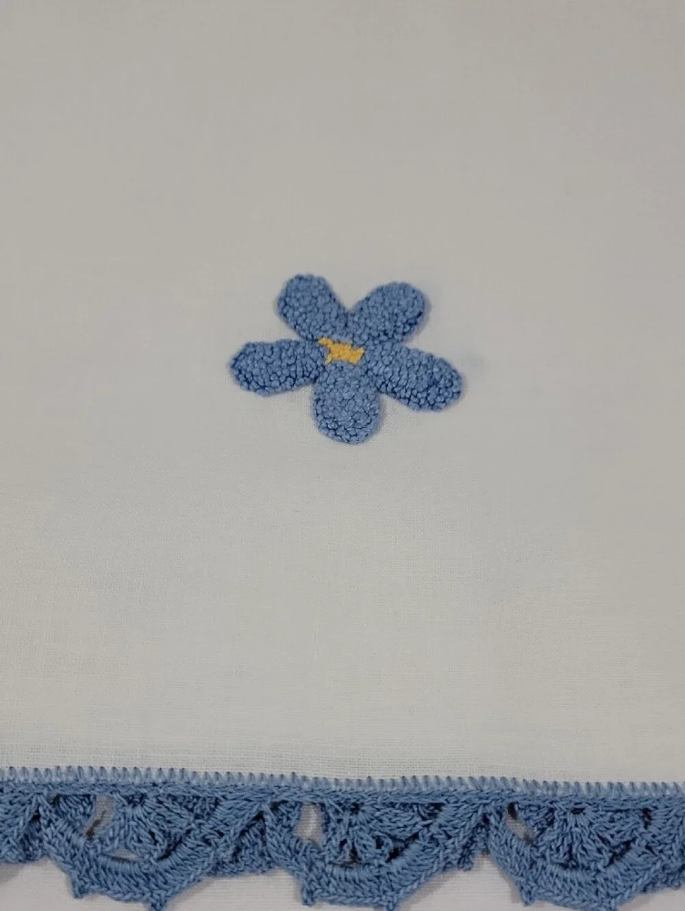 Vintage White Embroidered With Blue Lace Trim Table Runner Hand Made Floral